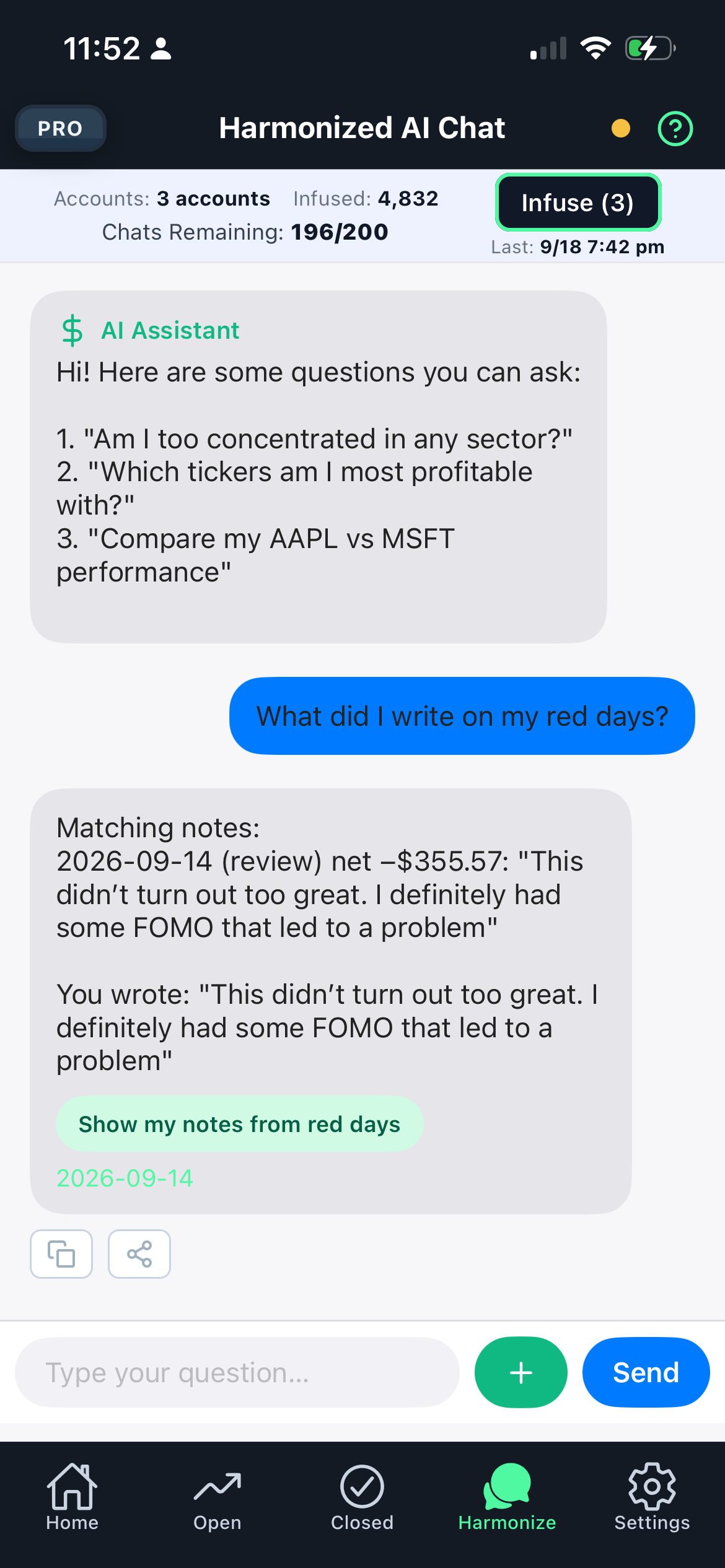 AI chat answering "What did I write on my red days?" with the user's own notes, quoted