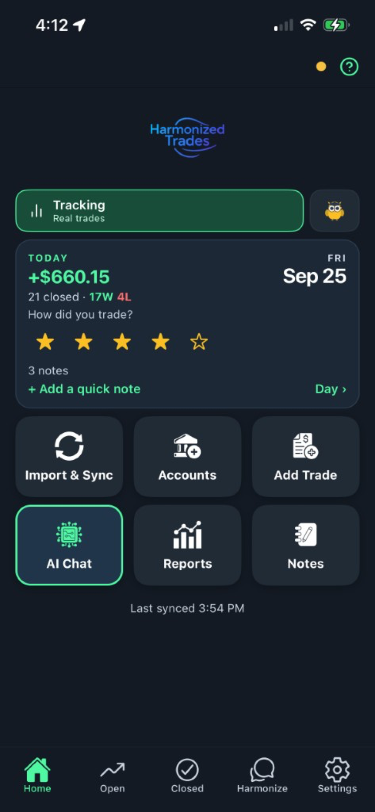 Home screen with the Today card: a day rating, quick notes, and the Notes tile