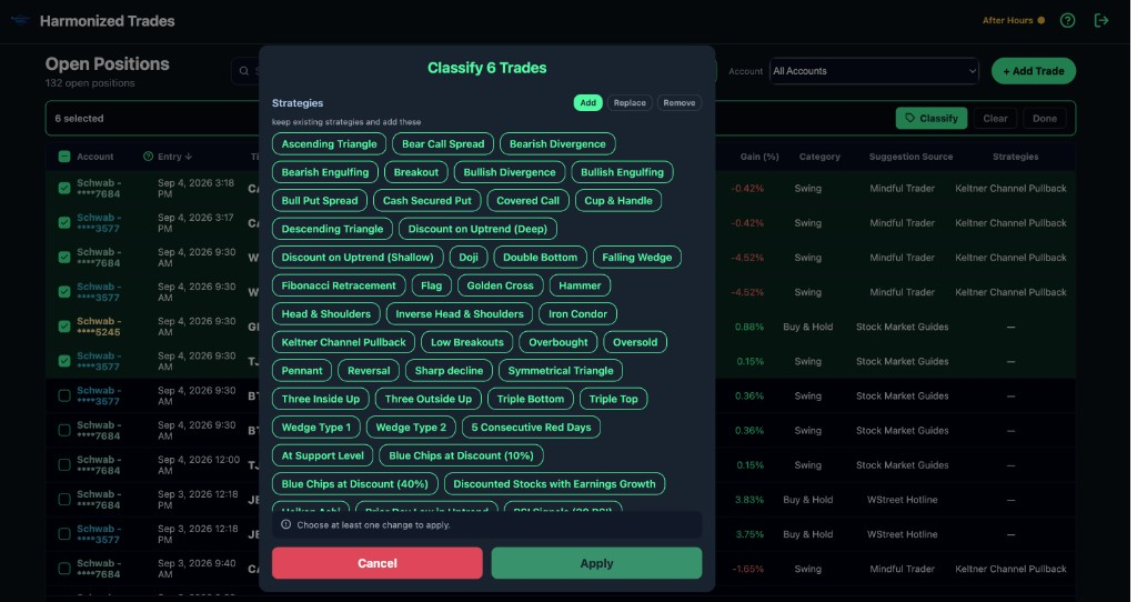 Bulk-classify dialog on the web app, tagging six selected open positions with strategies
