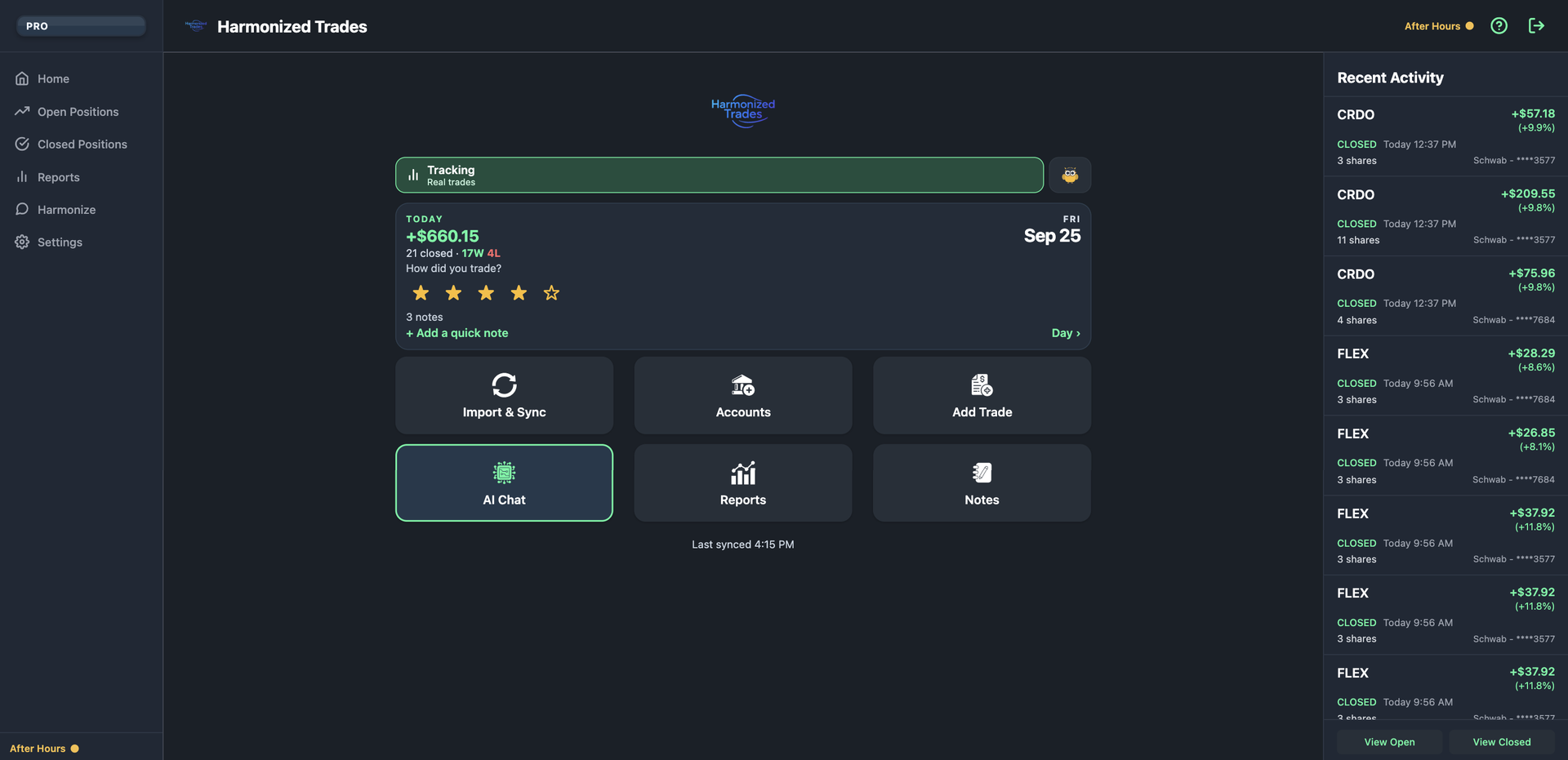 Web app Home screen with the Today card, the Notes tile, and a Recent Activity sidebar of closed trades